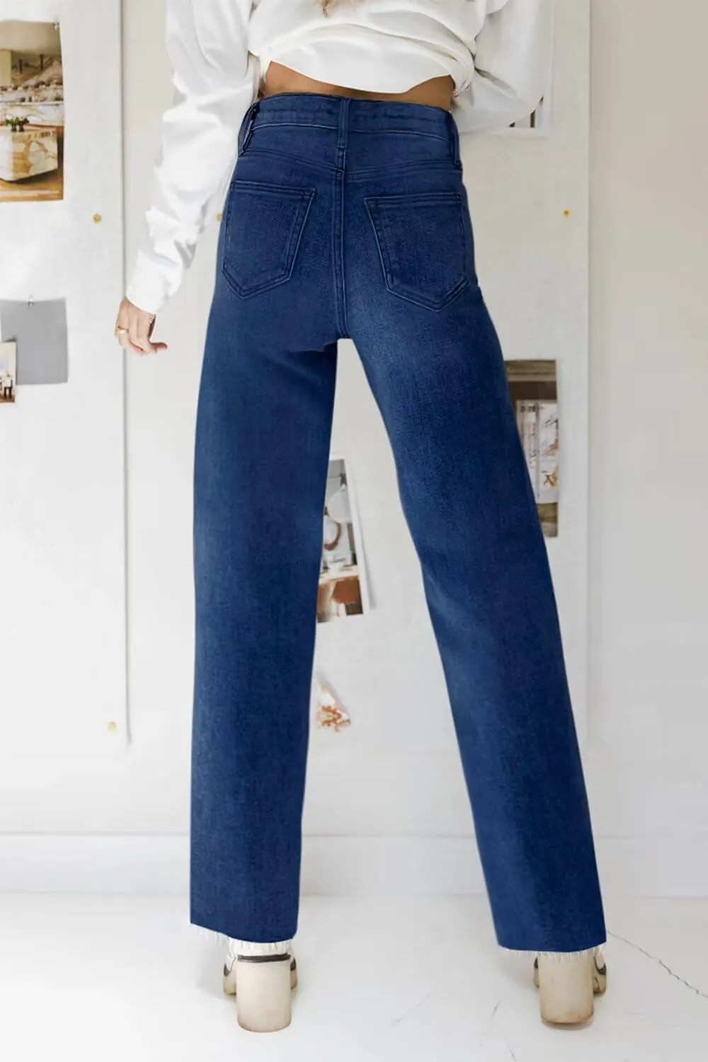 KDF Straight Leg Jeans for Women High Waisted Jeans Frayed Baggy Pants Raw Hem Loose Stretchy Cropped Wide Leg Jeans