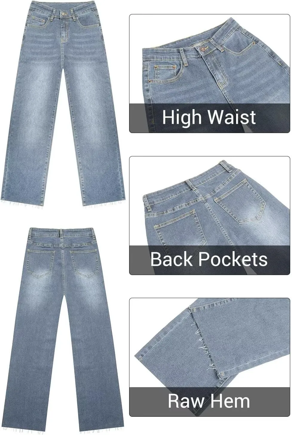 KDF Straight Leg Jeans for Women High Waisted Jeans Frayed Baggy Pants Raw Hem Loose Stretchy Cropped Wide Leg Jeans