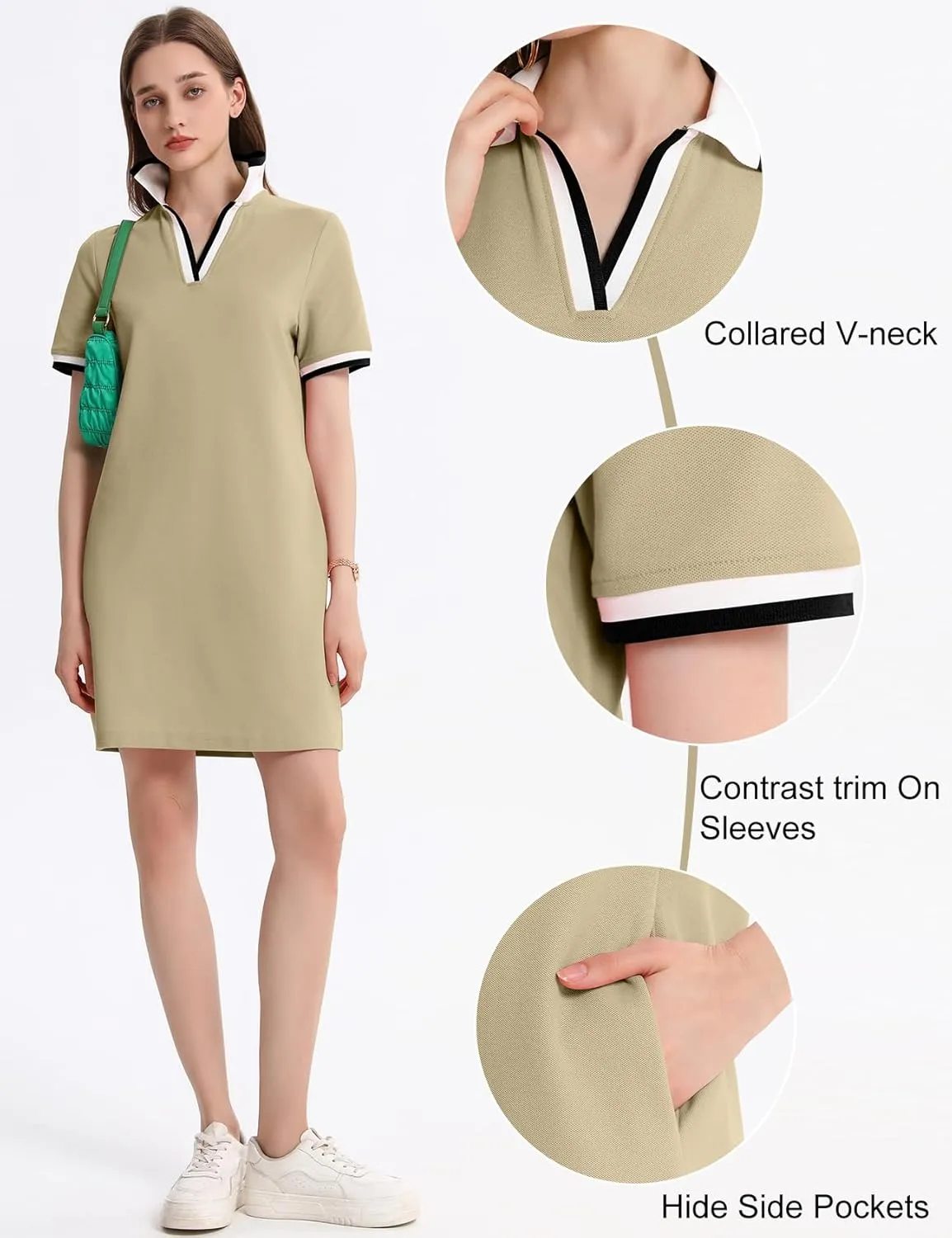 Kissonic Polo Dress for Women V Neck Short Sleeve Flowy Contrast Color Golf Tennis A Line T Shirt Dresses
