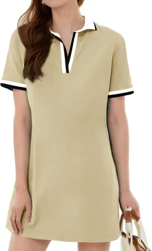 Kissonic Polo Dress for Women V Neck Short Sleeve Flowy Contrast Color Golf Tennis A Line T Shirt Dresses