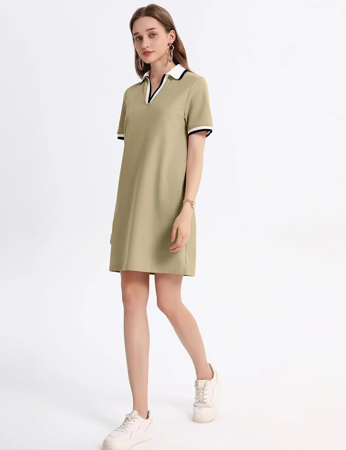 Kissonic Polo Dress for Women V Neck Short Sleeve Flowy Contrast Color Golf Tennis A Line T Shirt Dresses