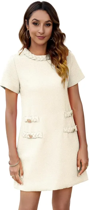 Ladyful Womens Tweed Jackie Dress Short Sleeve Elegant Crew Neck Business Party Vintage Button Bodycon Mini Jackie Dress