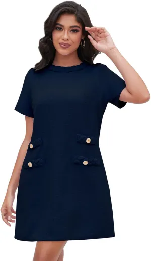 Ladyful Womens Tweed Jackie Dress Short Sleeve Elegant Crew Neck Business Party Vintage Button Bodycon Mini Jackie Dress