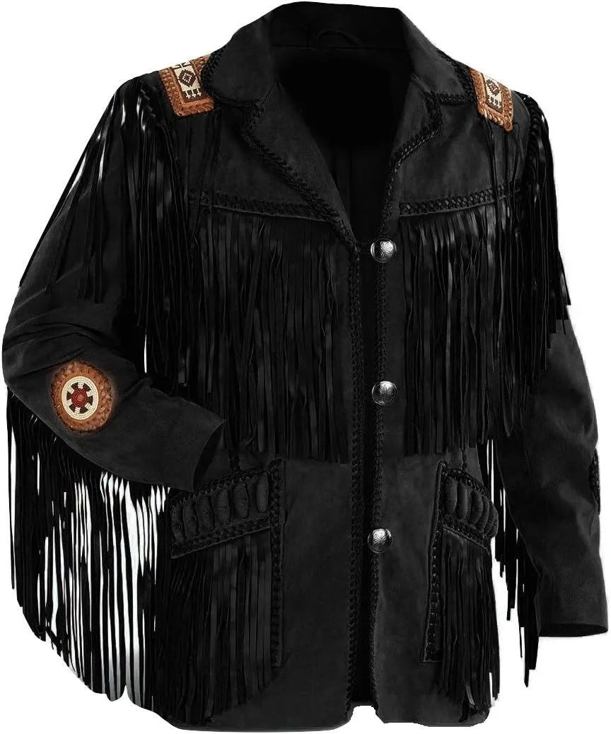 LEATHERAY Men's Western Cowboy Leather Jacket with Fringed & Beaded Native American Suede Beaded Coat