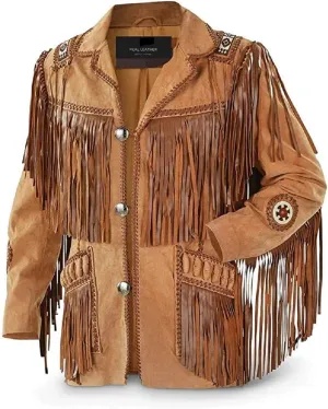 LEATHERAY Men's Western Cowboy Leather Jacket with Fringed & Beaded Native American Suede Beaded Coat