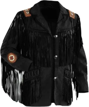 LEATHERAY Men's Western Cowboy Leather Jacket with Fringed & Beaded Native American Suede Beaded Coat