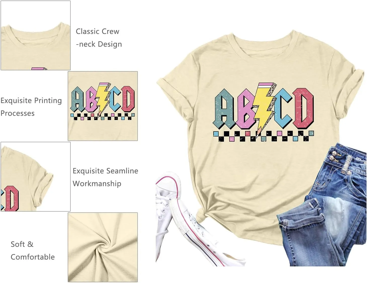 LHBNK Teacher Shirts Women ABCD Teacher Tshirt Teacher Life Shirt Tops Back to School Gifts Casual Summer Tops