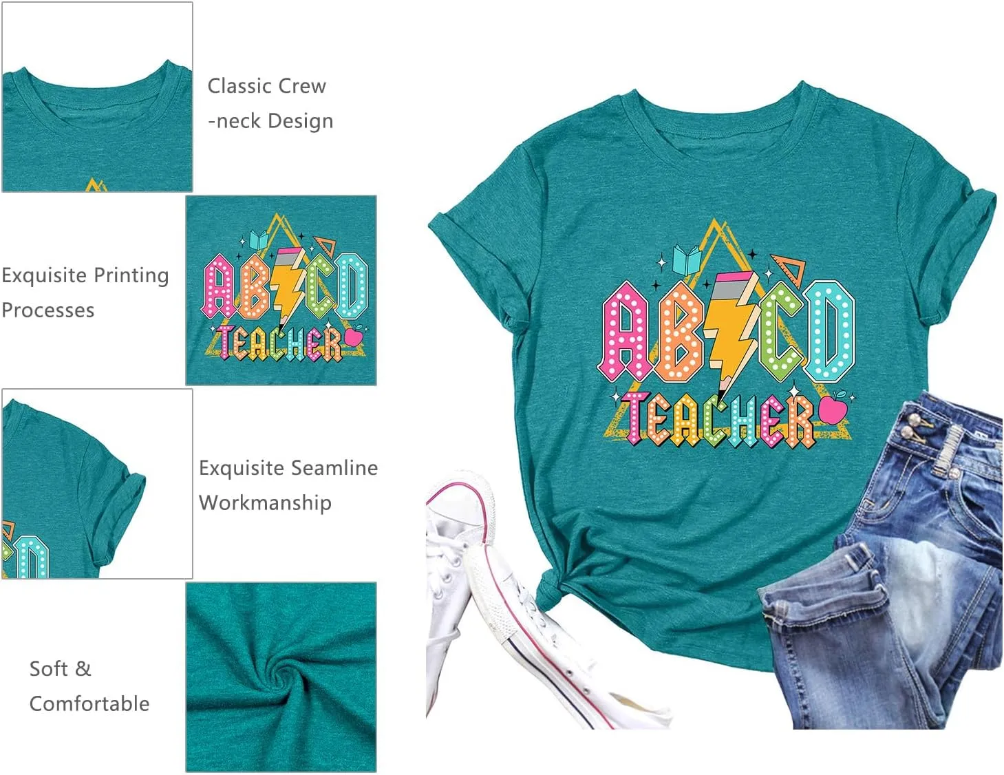 LHBNK Teacher Shirts Women ABCD Teacher Tshirt Teacher Life Shirt Tops Back to School Gifts Casual Summer Tops