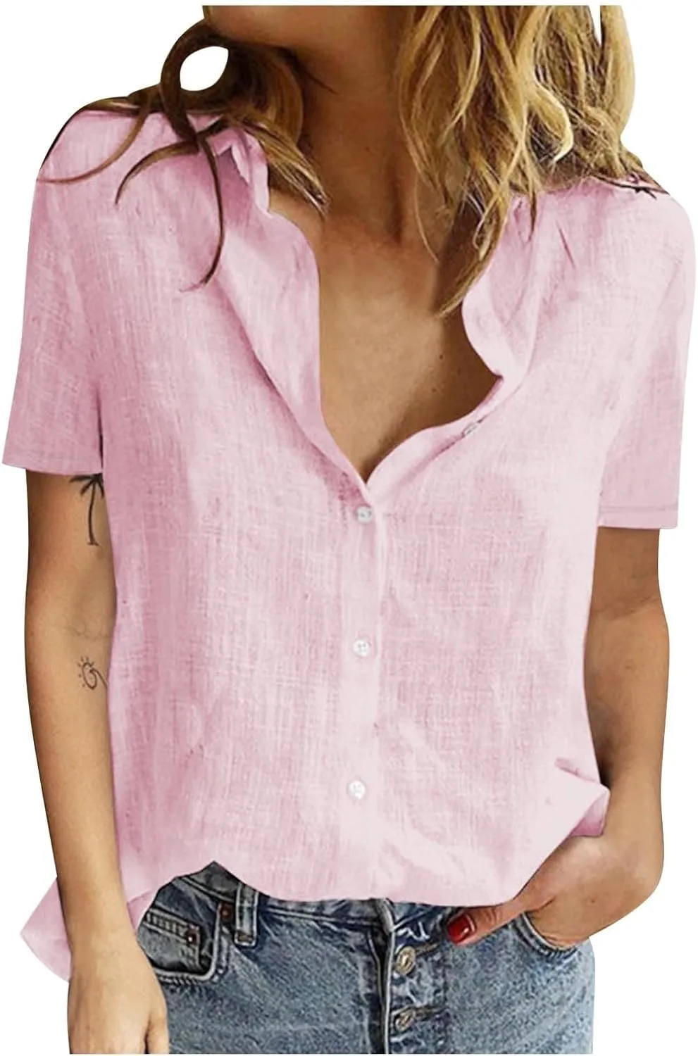 Linen Shirts for Women 2025 Summer Casual Cotton Button Down Shirt Collared V Neck Solid Blouse Beach Swim Cover Ups