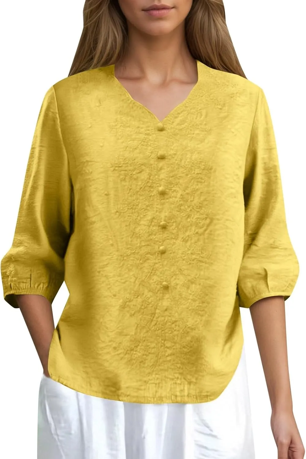 Linen Tops for Women 2025 Summer Rolled Cuffed Short Sleeve Blouse Ladies Casual V Neck Shirts Beach Cotton Tops