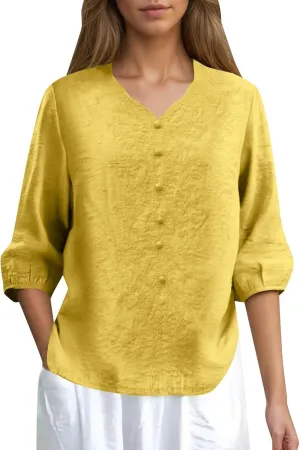 Linen Tops for Women 2025 Summer Rolled Cuffed Short Sleeve Blouse Ladies Casual V Neck Shirts Beach Cotton Tops