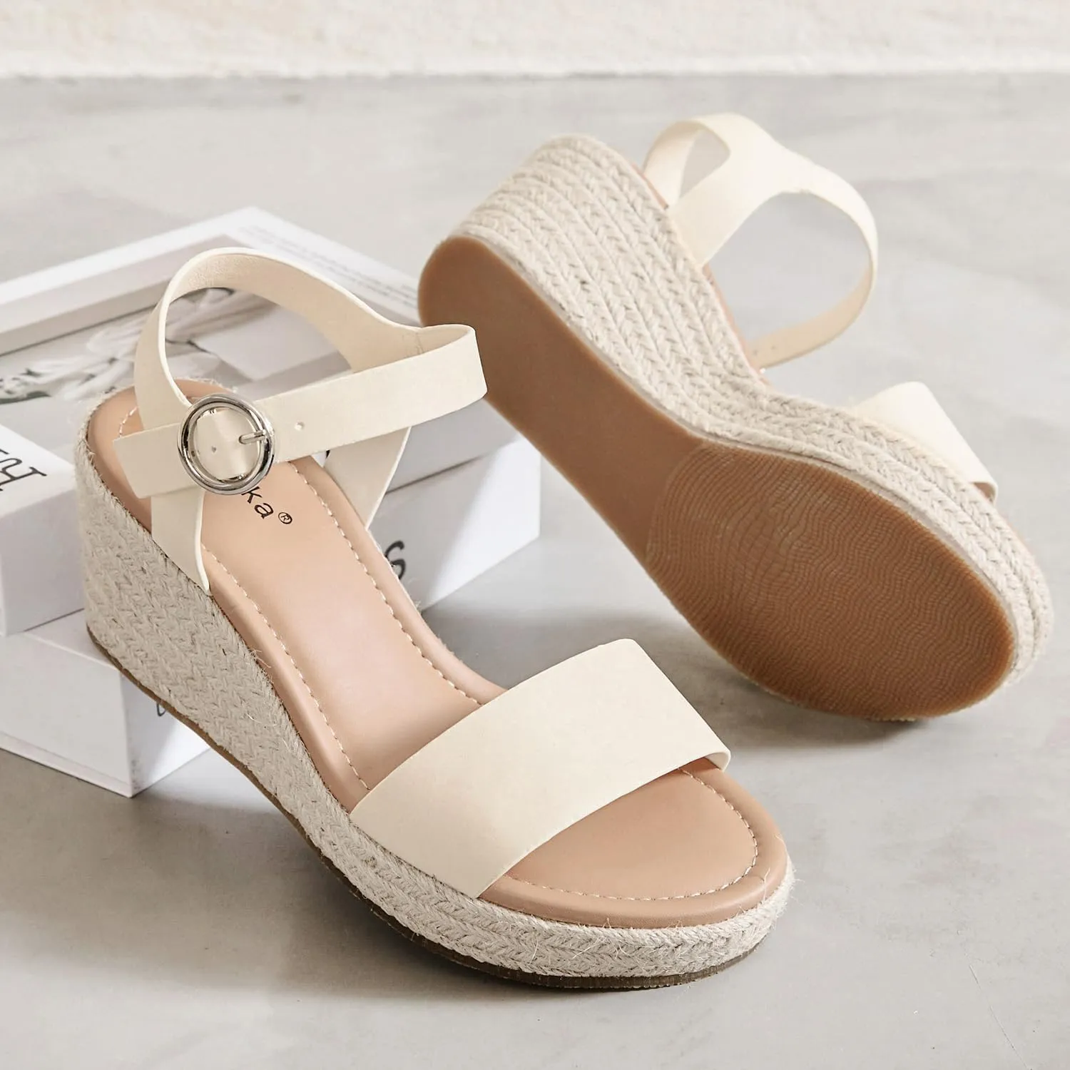 Luoika Women's Wide Width Wedge Sandals, Ankle Strap Open Toe Platform Espadrille Wedge Pump Heel Women's Sandals Concise Casual Summer Shoes.