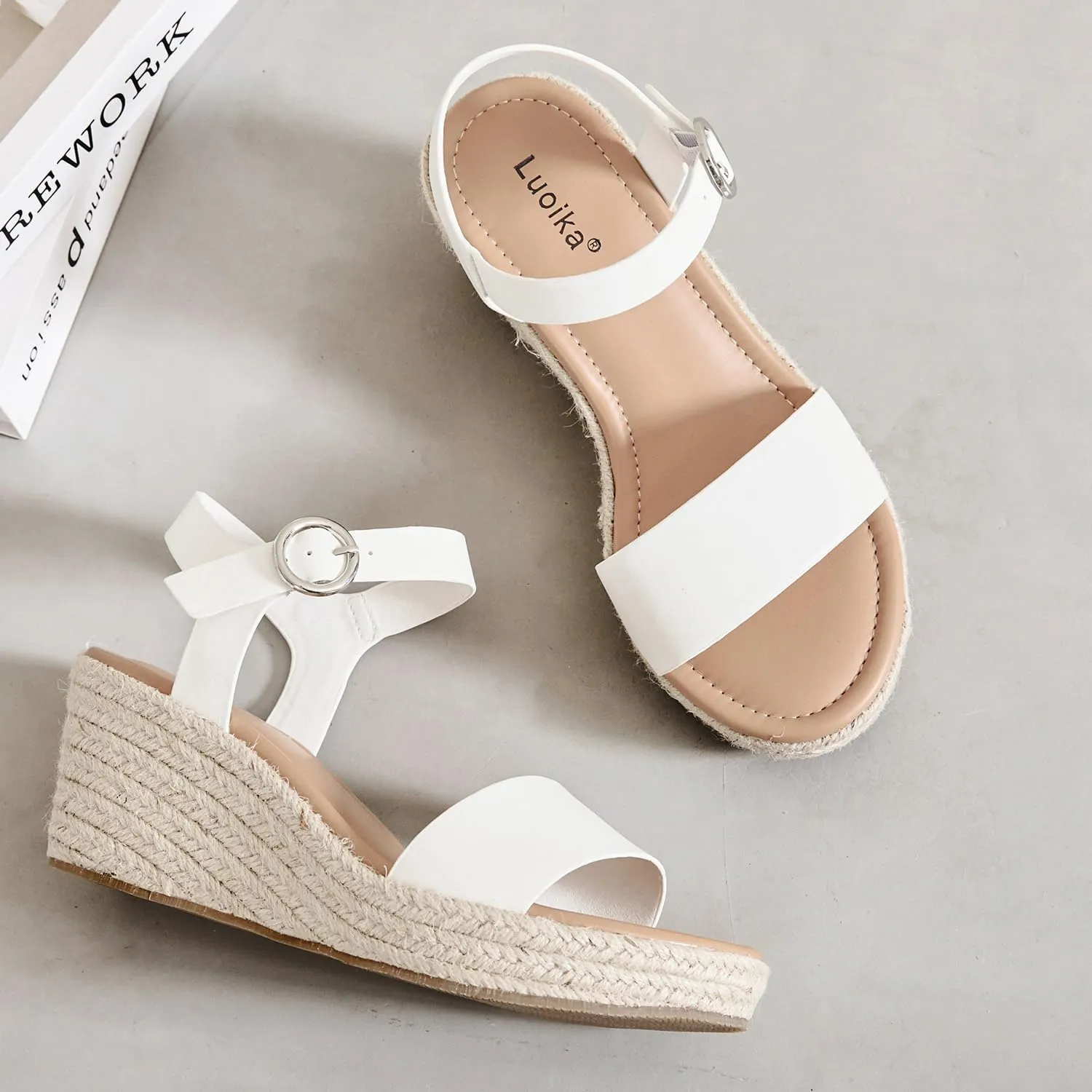Luoika Women's Wide Width Wedge Sandals, Ankle Strap Open Toe Platform Espadrille Wedge Pump Heel Women's Sandals Concise Casual Summer Shoes.