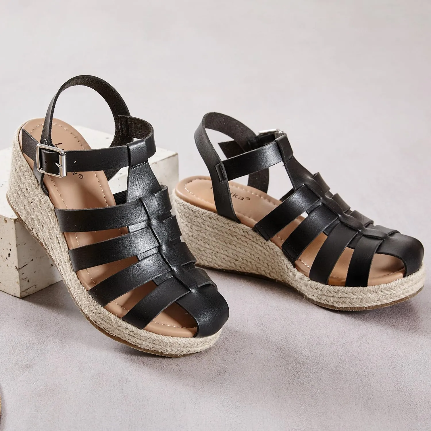 Luoika Women's Wide Width Wedge Sandals, Ankle Strap Open Toe Platform Espadrille Wedge Pump Heel Women's Sandals Concise Casual Summer Shoes.