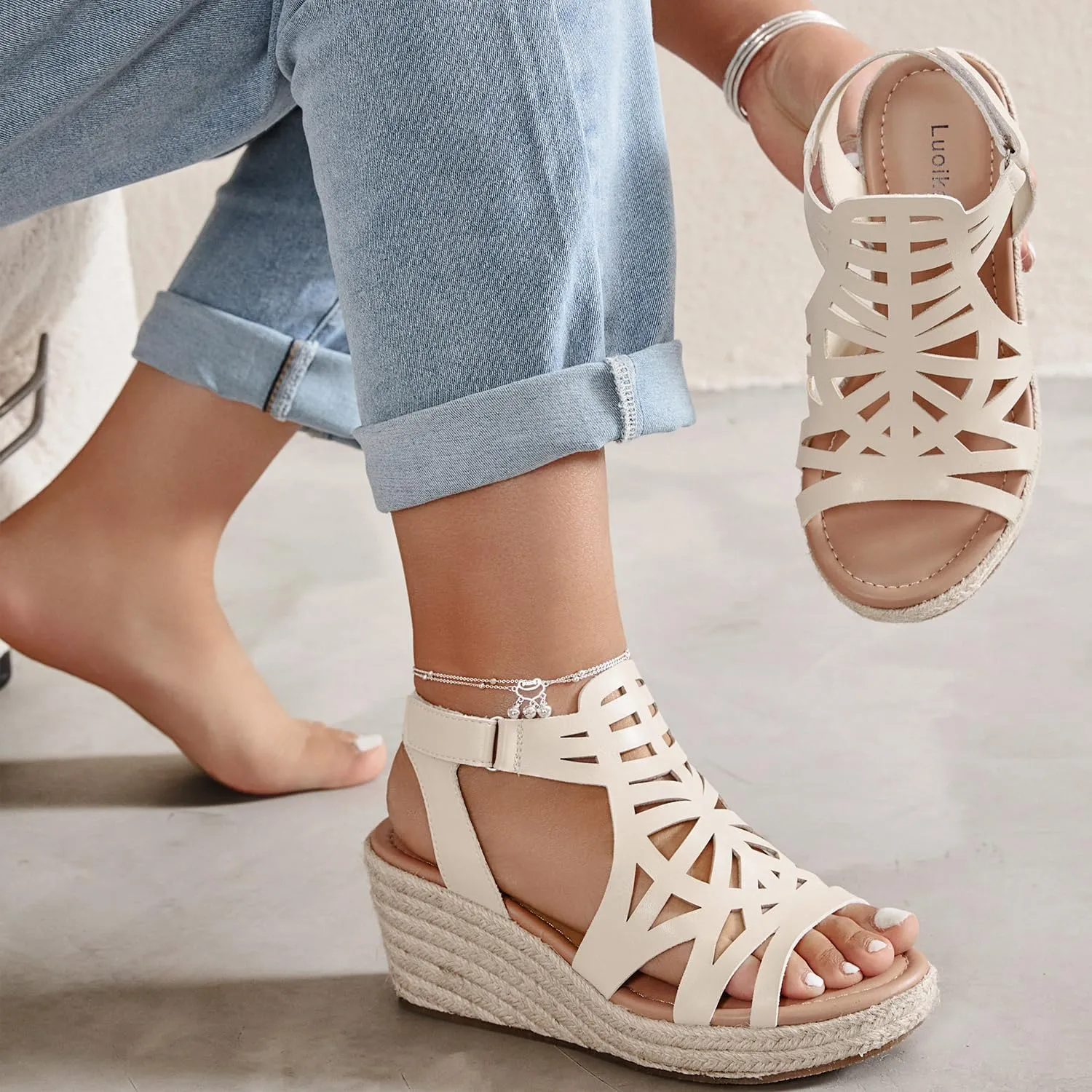Luoika Women's Wide Width Wedge Sandals, Espadrille Wedge Pump Heel Platform Ankle Strap Open Toe Women's Sandal Concise Casual Summer Shoes.