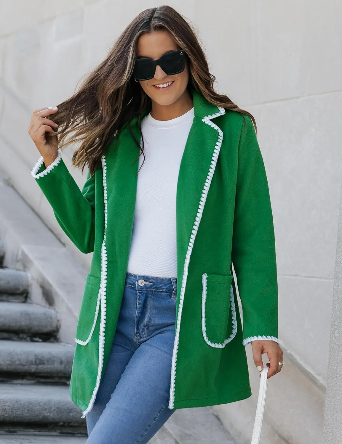 luvamia Pea Coats for Women Trendy Embroidered Contrast Trim Long Peacoat Jackets Lapel Button Winter Coat with Pockets