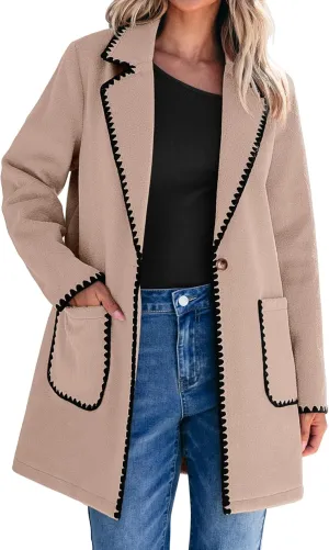 luvamia Pea Coats for Women Trendy Embroidered Contrast Trim Long Peacoat Jackets Lapel Button Winter Coat with Pockets