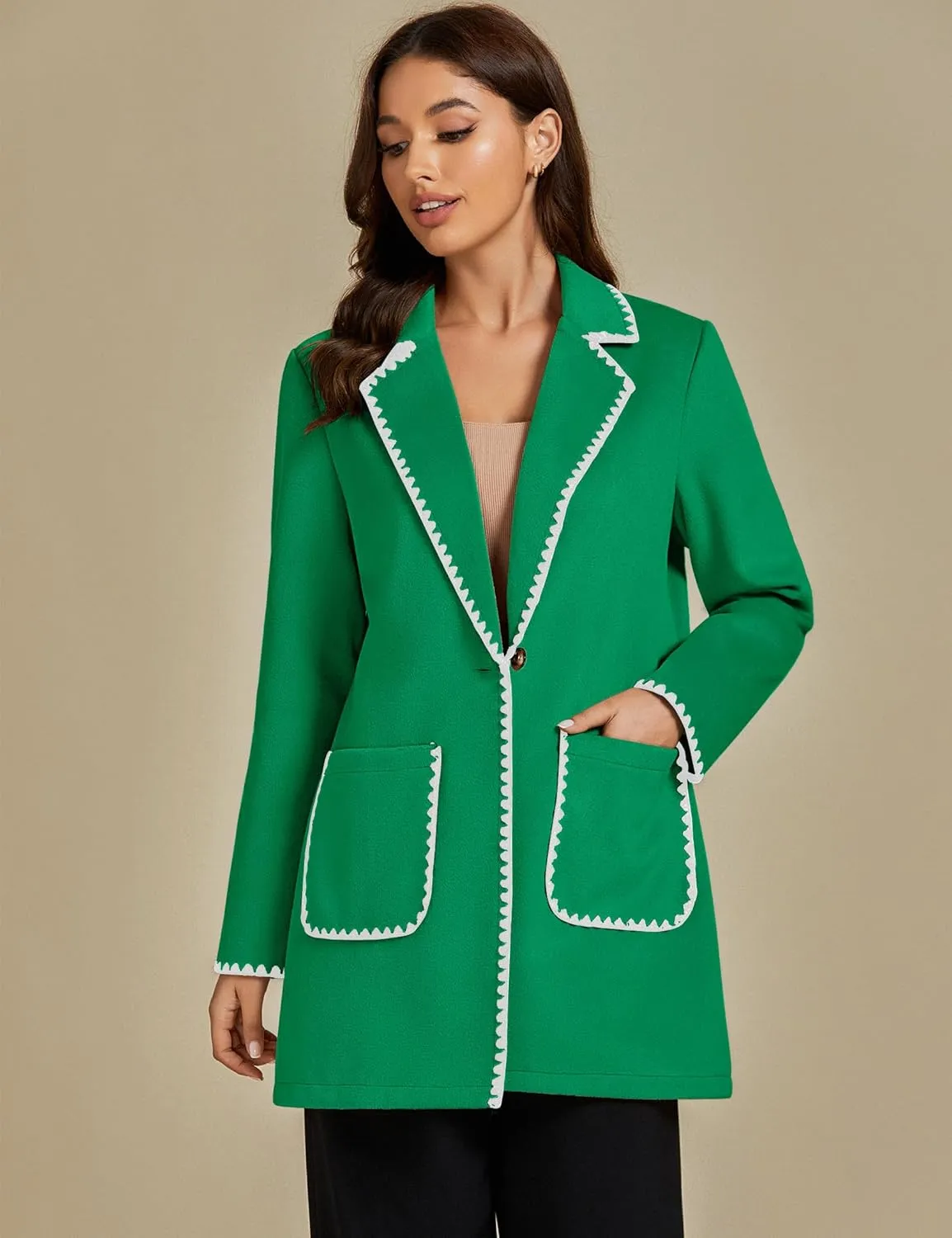 luvamia Pea Coats for Women Trendy Embroidered Contrast Trim Long Peacoat Jackets Lapel Button Winter Coat with Pockets