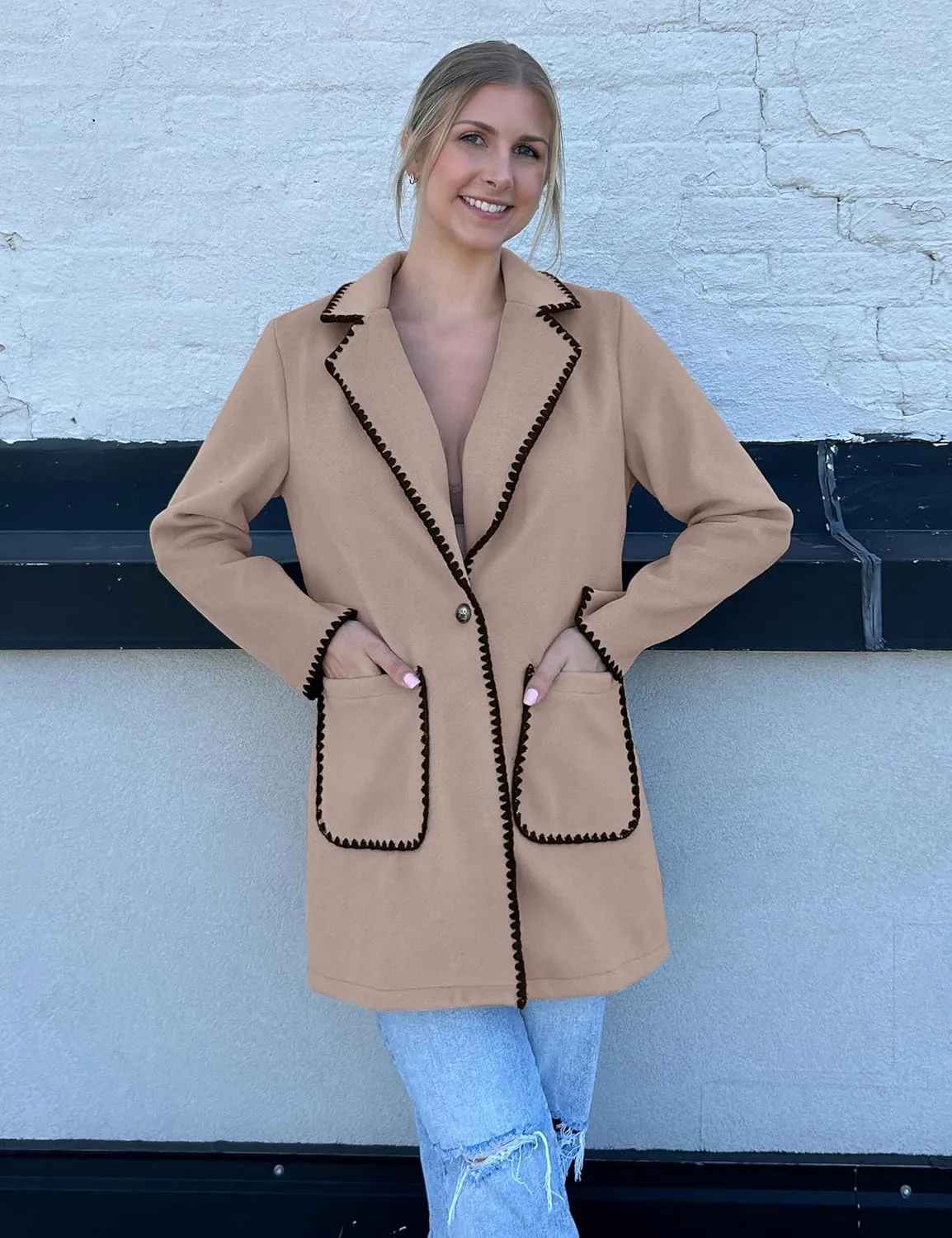 luvamia Pea Coats for Women Trendy Embroidered Contrast Trim Long Peacoat Jackets Lapel Button Winter Coat with Pockets