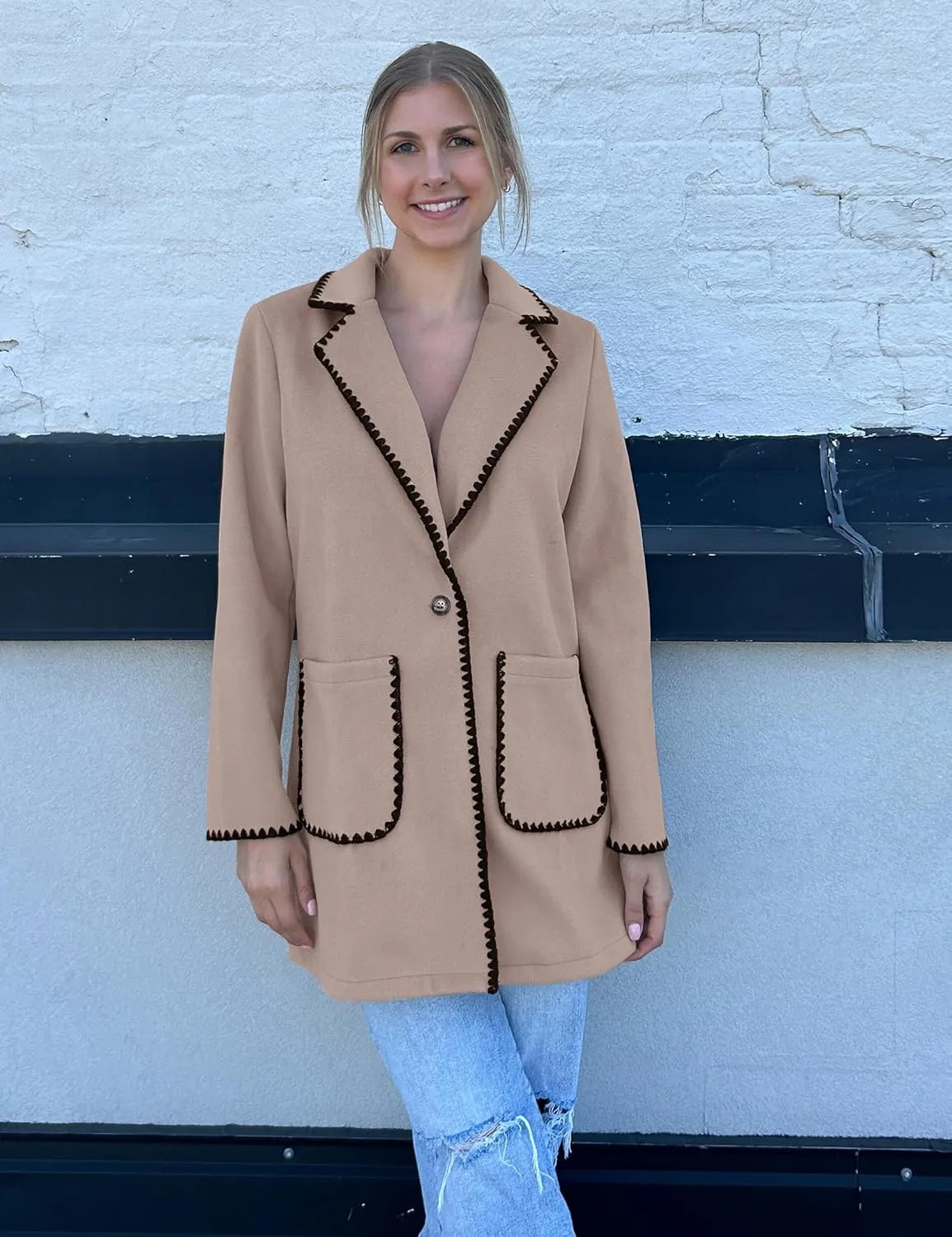 luvamia Pea Coats for Women Trendy Embroidered Contrast Trim Long Peacoat Jackets Lapel Button Winter Coat with Pockets