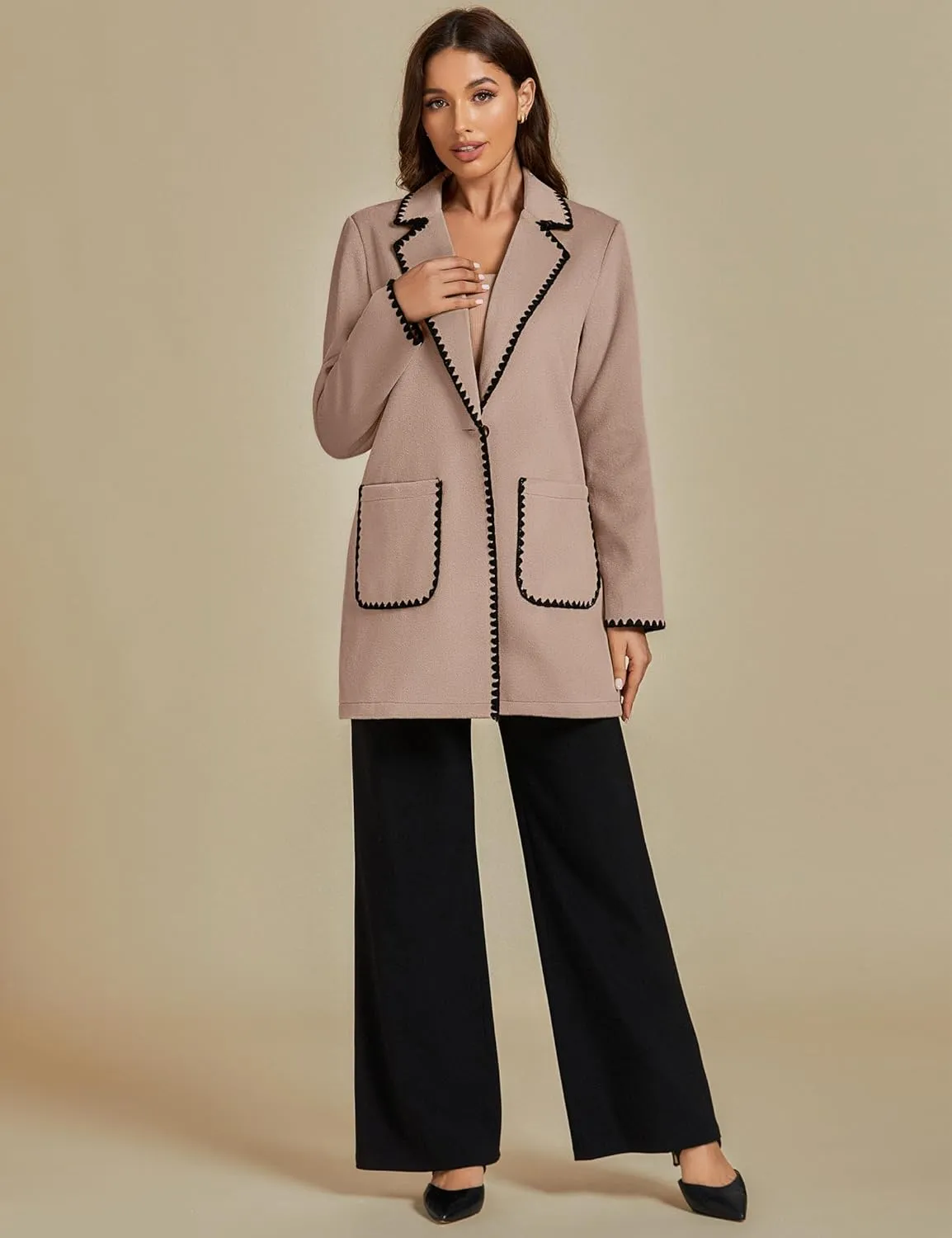 luvamia Pea Coats for Women Trendy Embroidered Contrast Trim Long Peacoat Jackets Lapel Button Winter Coat with Pockets