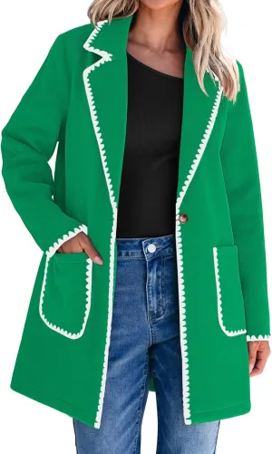 luvamia Pea Coats for Women Trendy Embroidered Contrast Trim Long Peacoat Jackets Lapel Button Winter Coat with Pockets