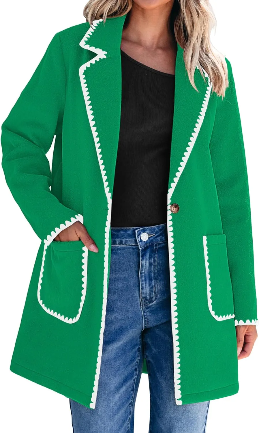 luvamia Pea Coats for Women Trendy Embroidered Contrast Trim Long Peacoat Jackets Lapel Button Winter Coat with Pockets
