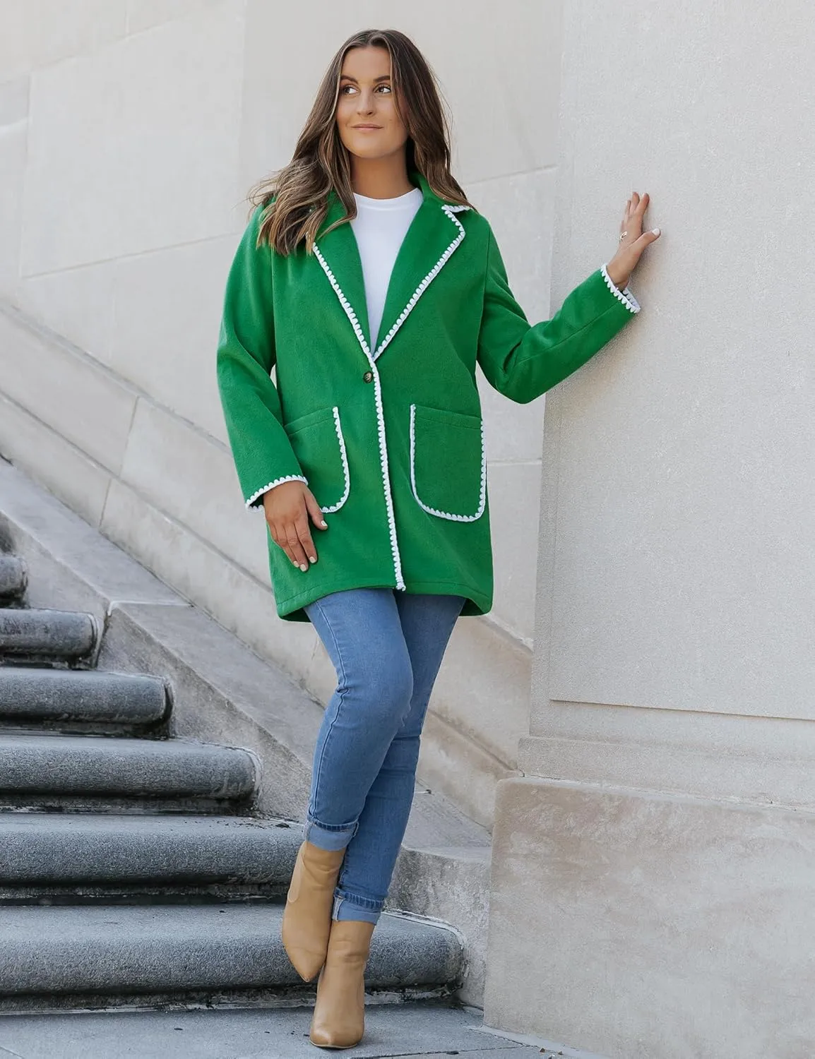 luvamia Pea Coats for Women Trendy Embroidered Contrast Trim Long Peacoat Jackets Lapel Button Winter Coat with Pockets