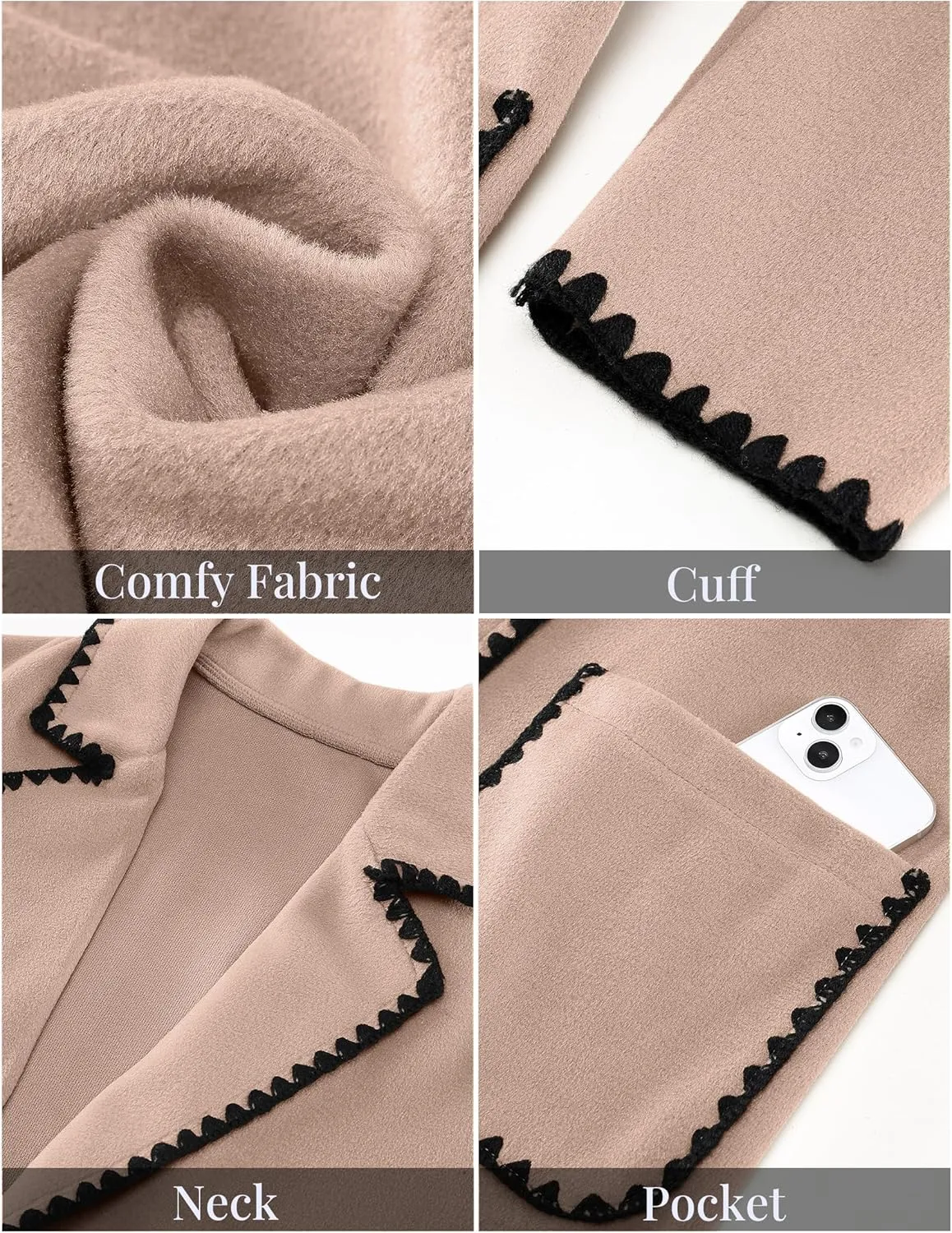 luvamia Pea Coats for Women Trendy Embroidered Contrast Trim Long Peacoat Jackets Lapel Button Winter Coat with Pockets