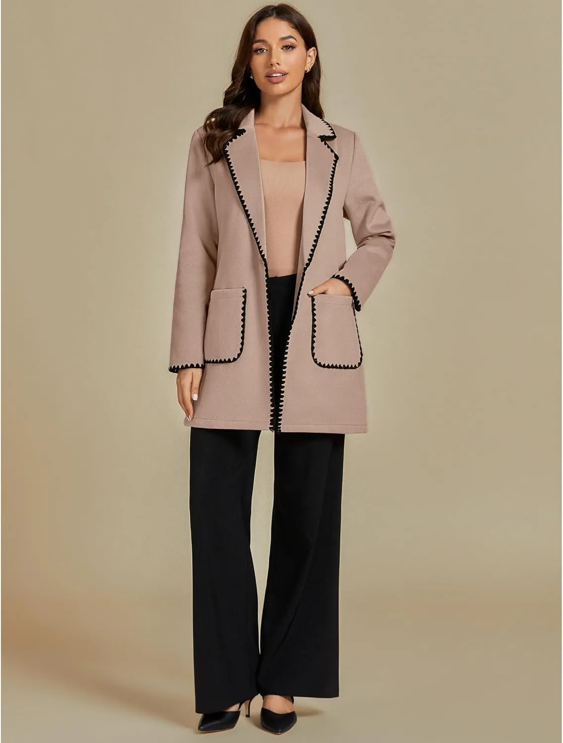 luvamia Pea Coats for Women Trendy Embroidered Contrast Trim Long Peacoat Jackets Lapel Button Winter Coat with Pockets