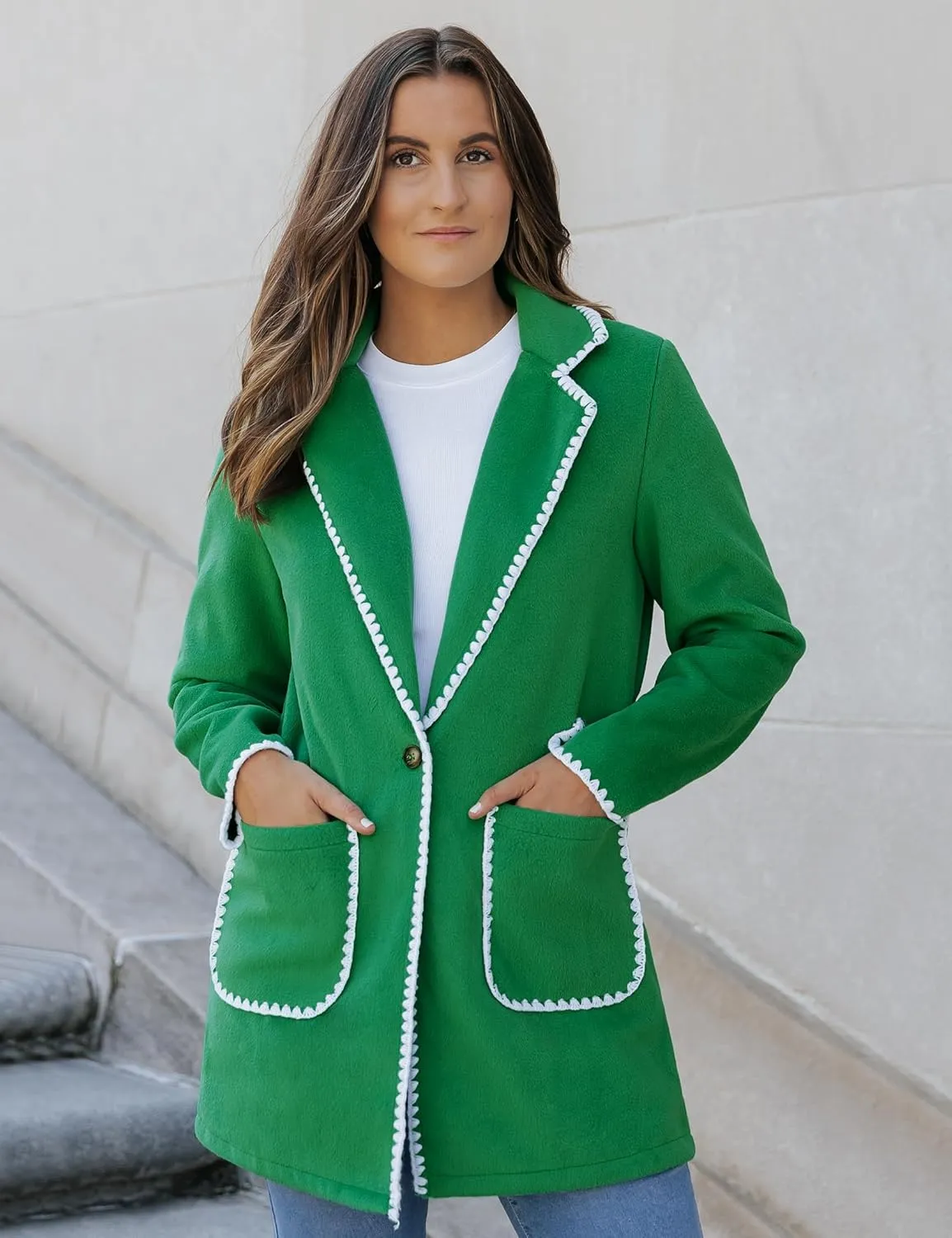 luvamia Pea Coats for Women Trendy Embroidered Contrast Trim Long Peacoat Jackets Lapel Button Winter Coat with Pockets