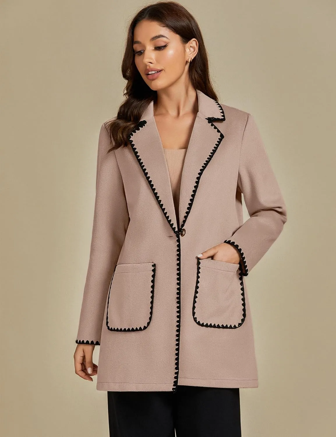 luvamia Pea Coats for Women Trendy Embroidered Contrast Trim Long Peacoat Jackets Lapel Button Winter Coat with Pockets