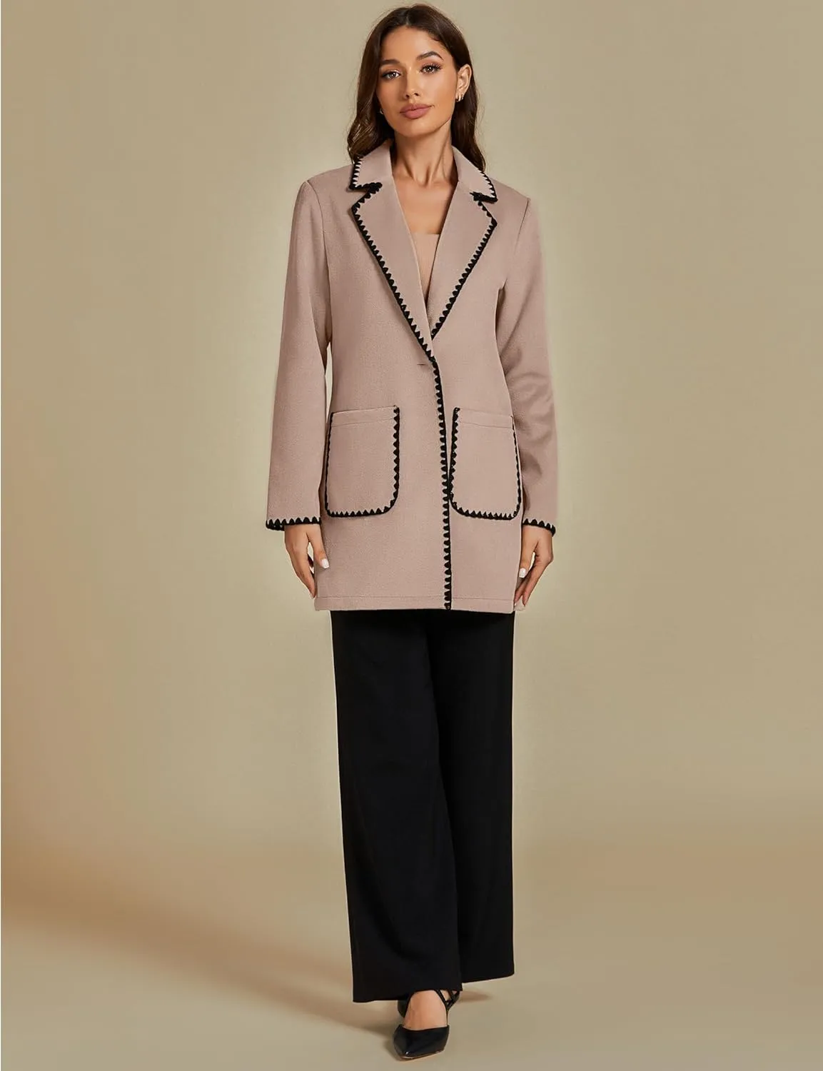 luvamia Pea Coats for Women Trendy Embroidered Contrast Trim Long Peacoat Jackets Lapel Button Winter Coat with Pockets
