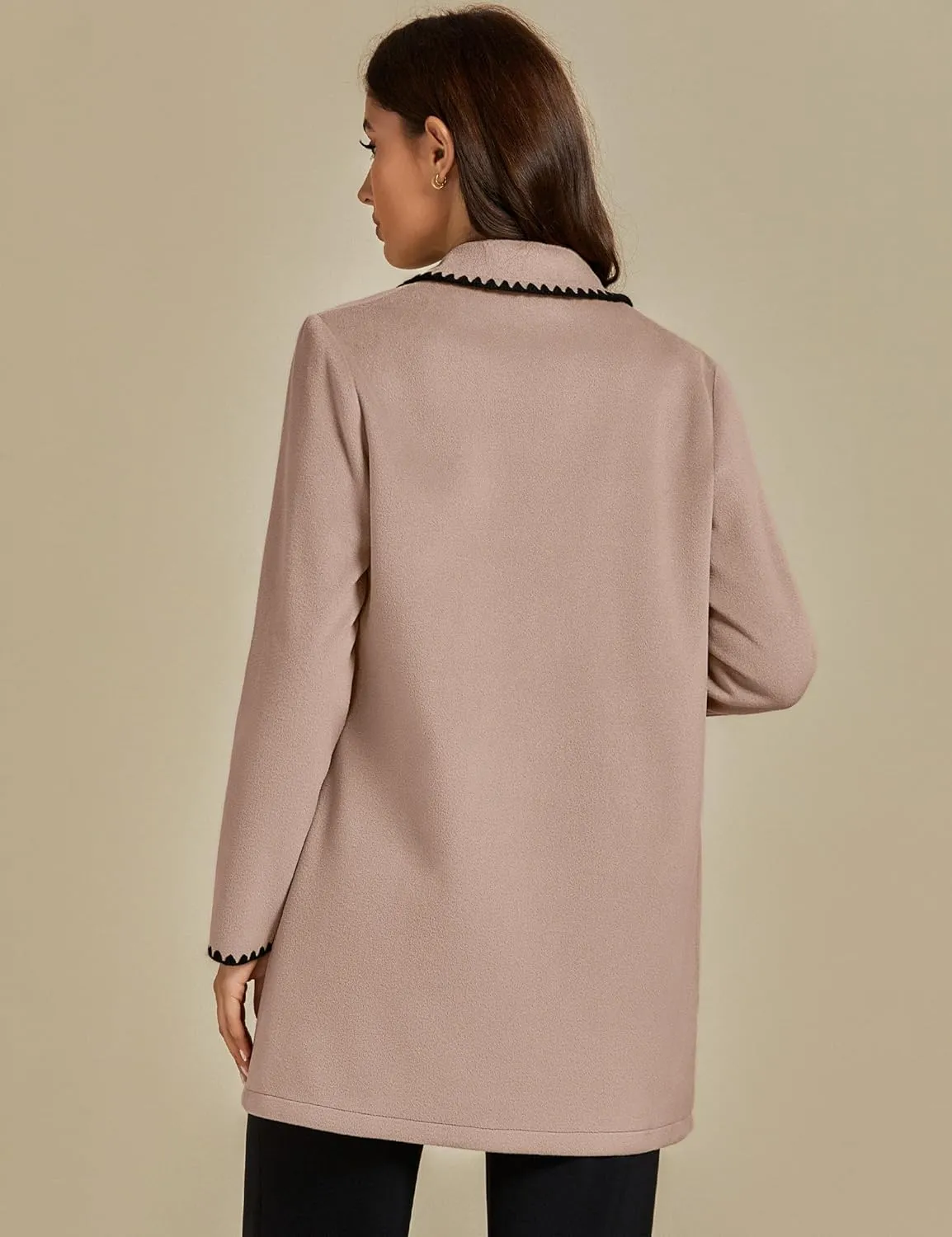 luvamia Pea Coats for Women Trendy Embroidered Contrast Trim Long Peacoat Jackets Lapel Button Winter Coat with Pockets