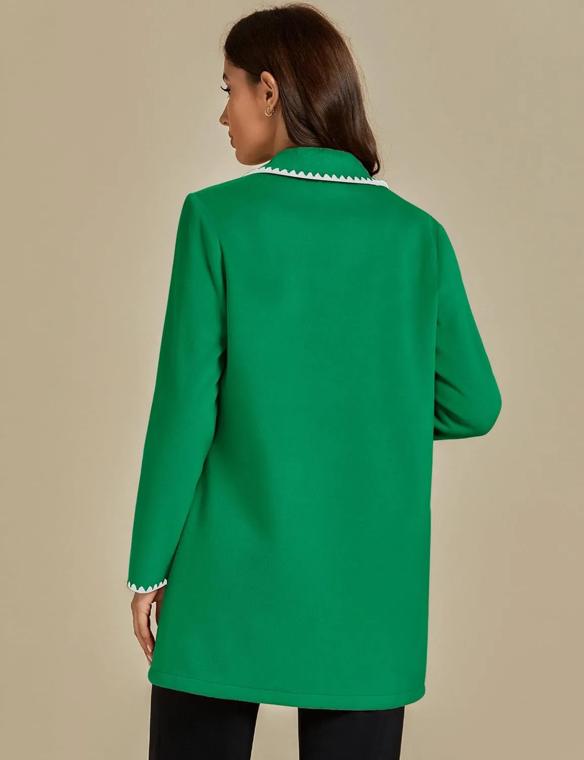 luvamia Pea Coats for Women Trendy Embroidered Contrast Trim Long Peacoat Jackets Lapel Button Winter Coat with Pockets