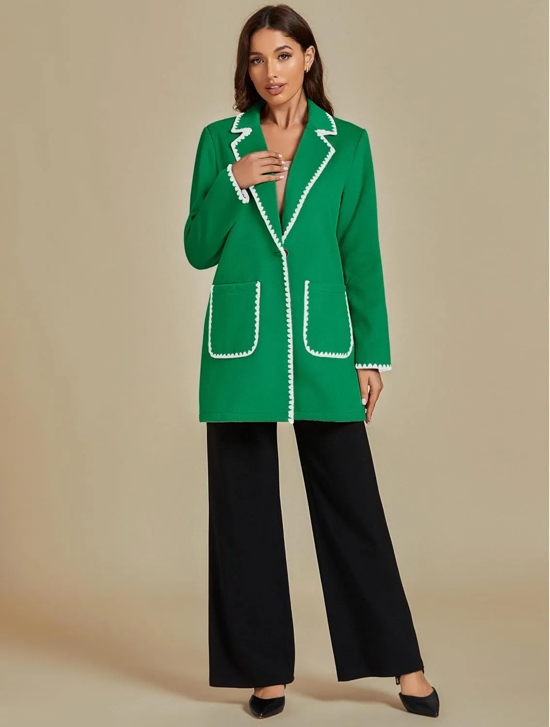 luvamia Pea Coats for Women Trendy Embroidered Contrast Trim Long Peacoat Jackets Lapel Button Winter Coat with Pockets