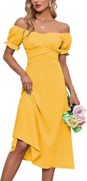 LYANER Women's Off Shoulder Wrap Ruffle Puff Short Sleeve Ruched Tie Back Dress