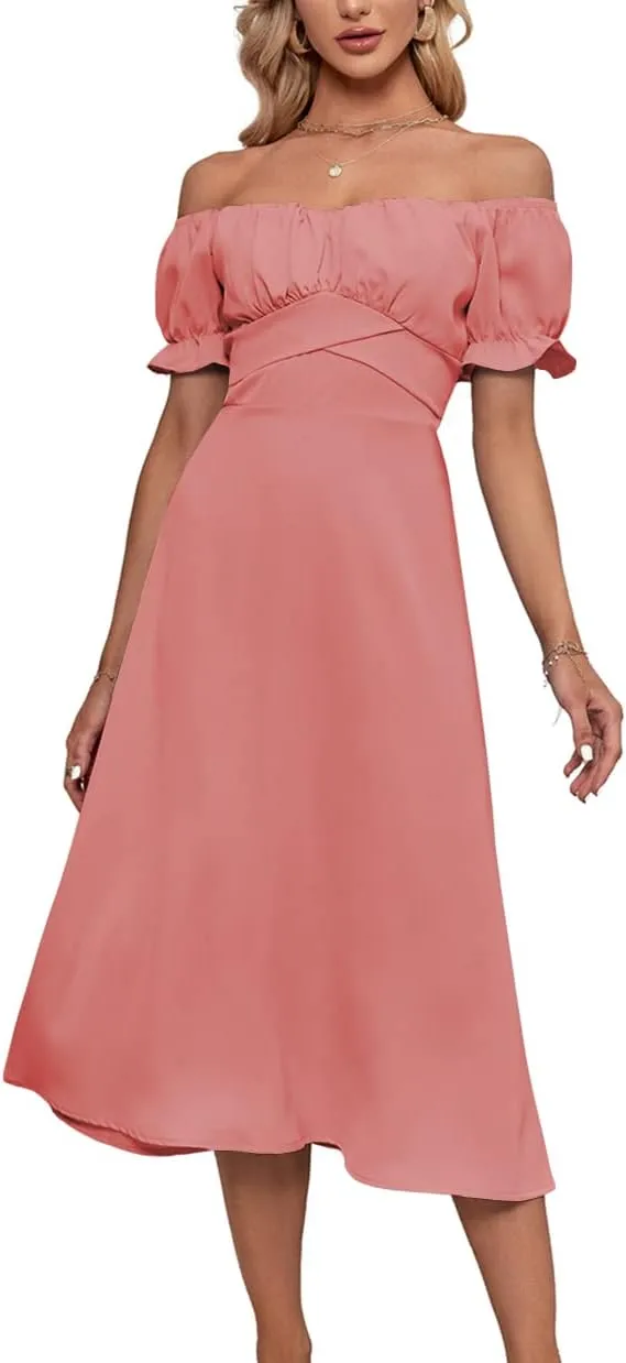 LYANER Women's Off Shoulder Wrap Ruffle Puff Short Sleeve Ruched Tie Back Dress