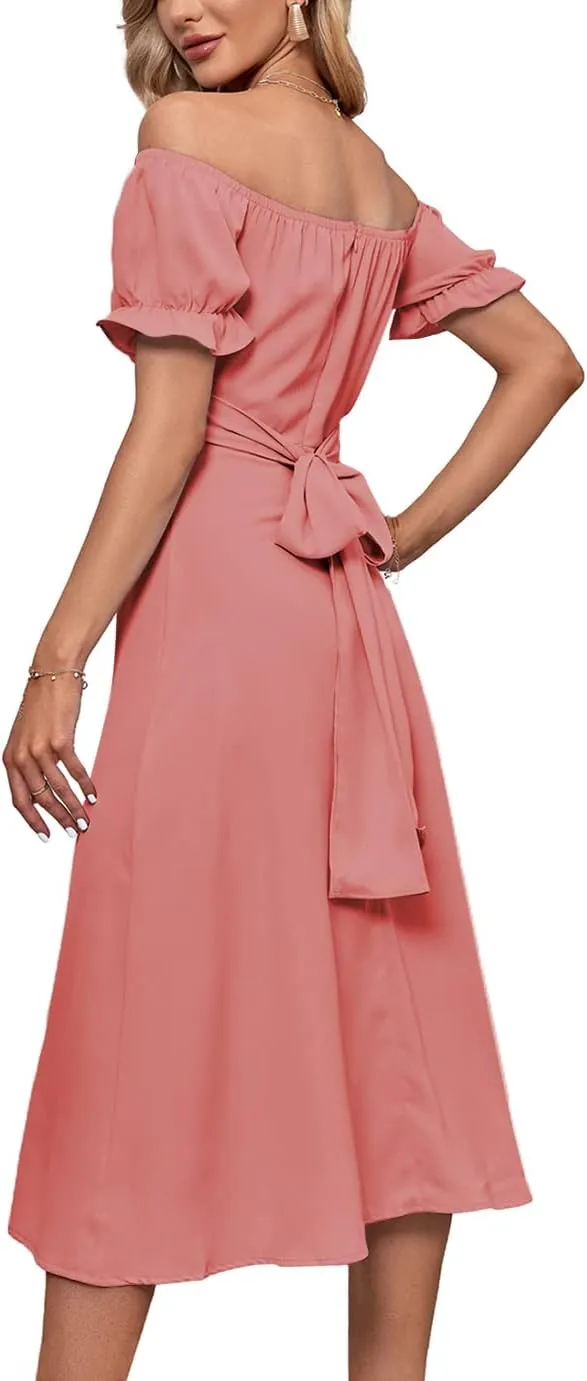 LYANER Women's Off Shoulder Wrap Ruffle Puff Short Sleeve Ruched Tie Back Dress