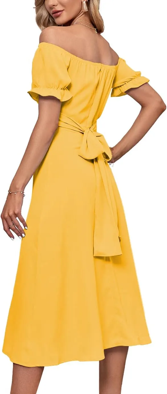 LYANER Women's Off Shoulder Wrap Ruffle Puff Short Sleeve Ruched Tie Back Dress