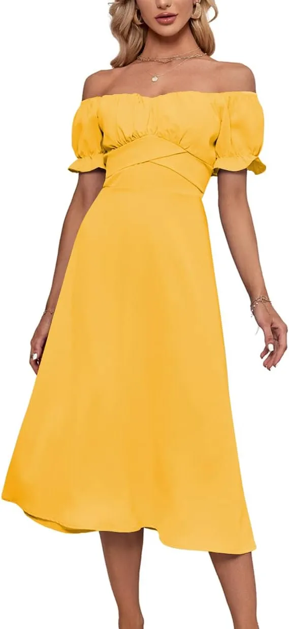 LYANER Women's Off Shoulder Wrap Ruffle Puff Short Sleeve Ruched Tie Back Dress
