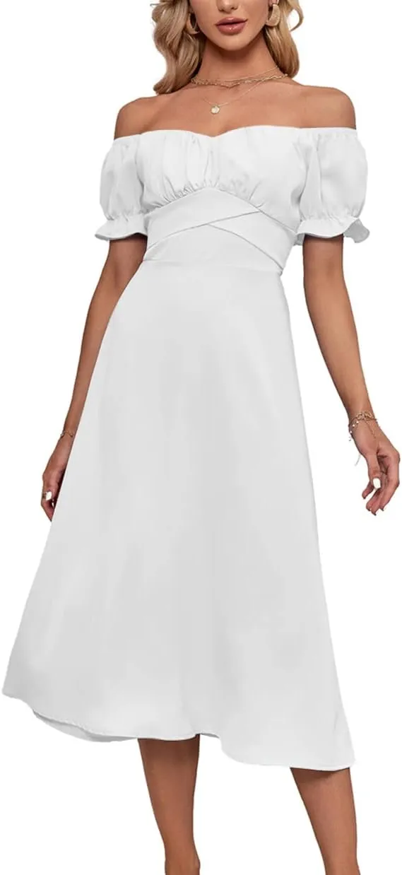 LYANER Women's Off Shoulder Wrap Ruffle Puff Short Sleeve Ruched Tie Back Dress
