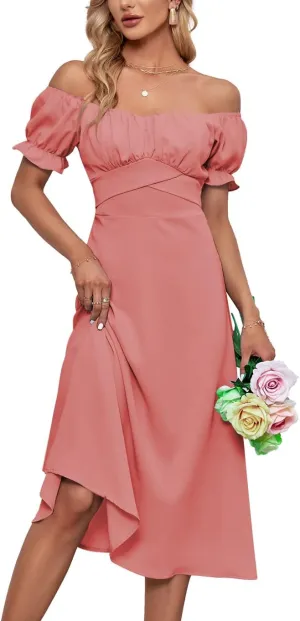 LYANER Women's Off Shoulder Wrap Ruffle Puff Short Sleeve Ruched Tie Back Dress