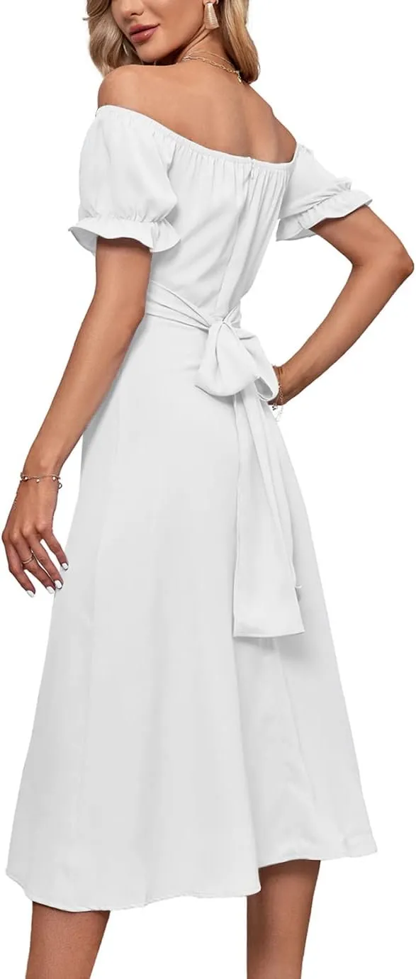 LYANER Women's Off Shoulder Wrap Ruffle Puff Short Sleeve Ruched Tie Back Dress
