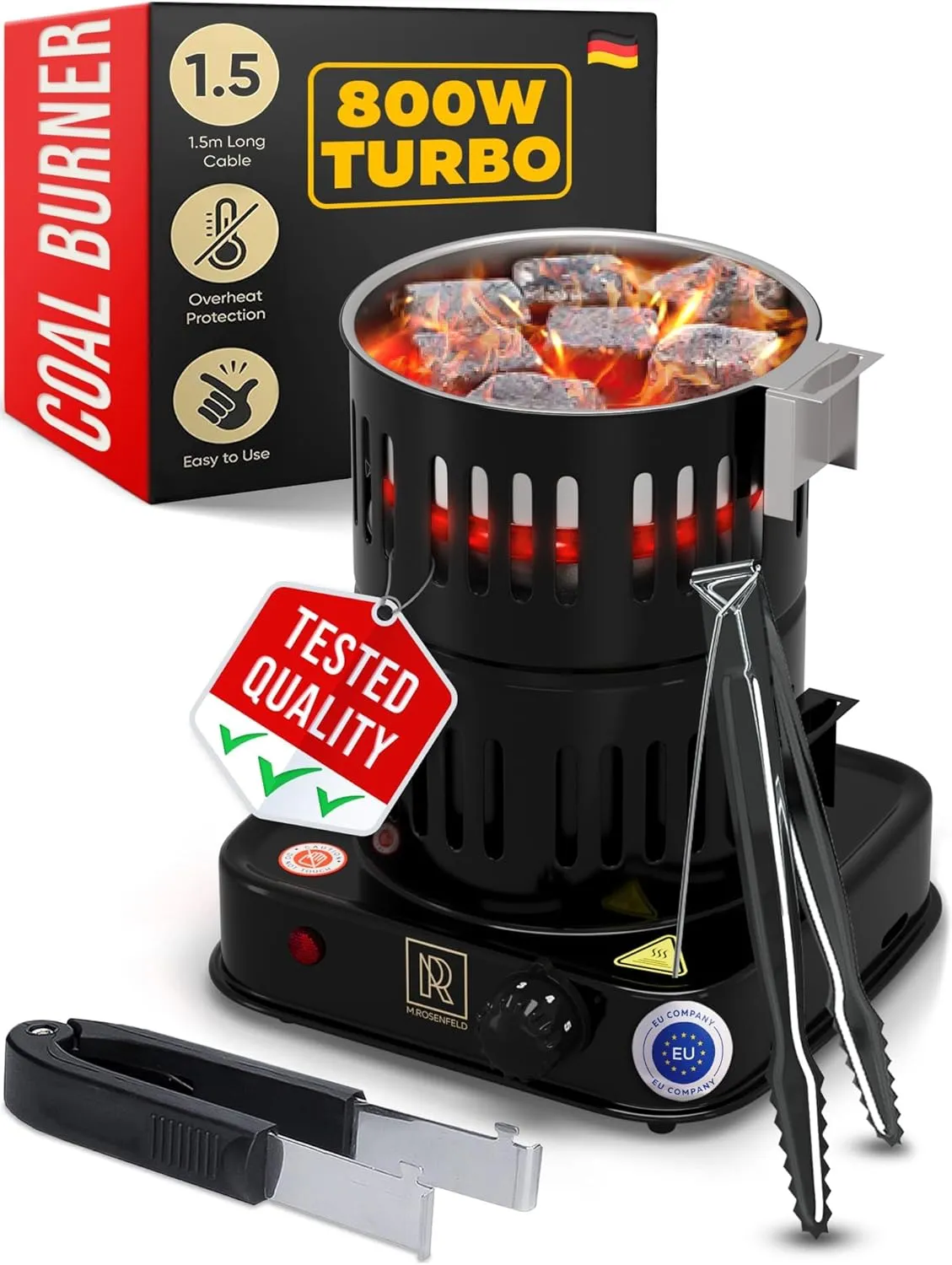 M. ROSENFELD Multipurpose Charcoal Starter - 800W Electric Charcoal Burner UL & STS Approved - Coconut Charcoal Lighters with Tongs - Hot Plate - 304 Stainless Steel
