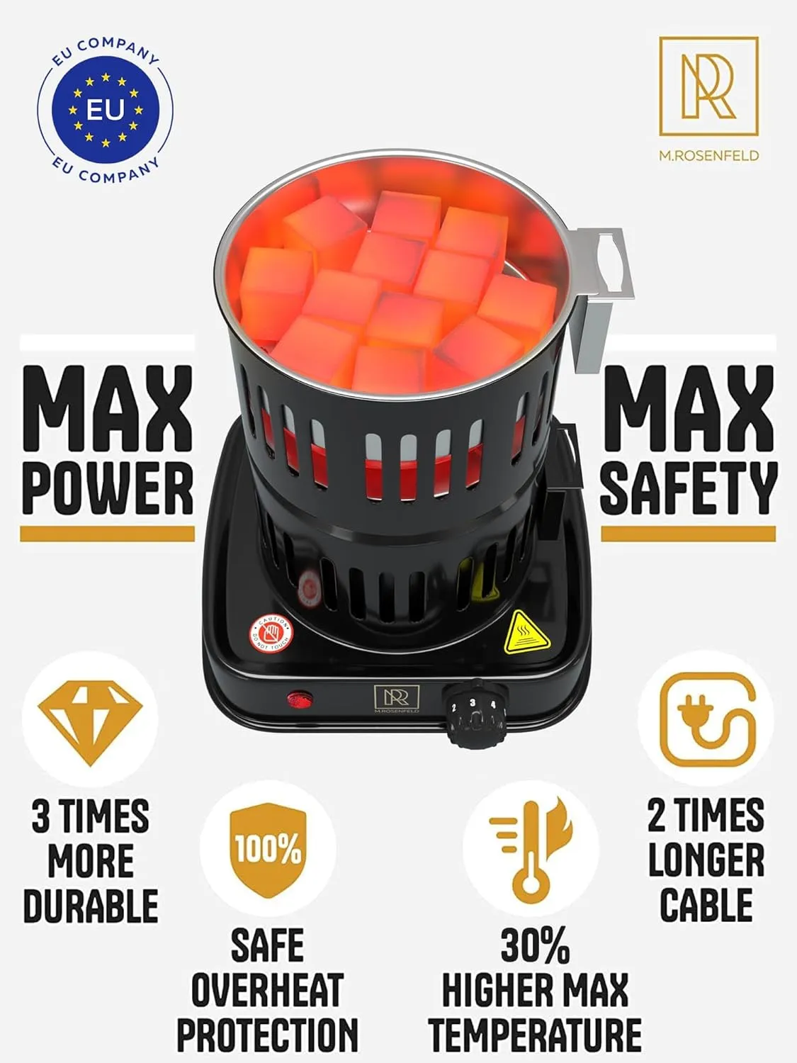 M. ROSENFELD Multipurpose Charcoal Starter - 800W Electric Charcoal Burner UL & STS Approved - Coconut Charcoal Lighters with Tongs - Hot Plate - 304 Stainless Steel