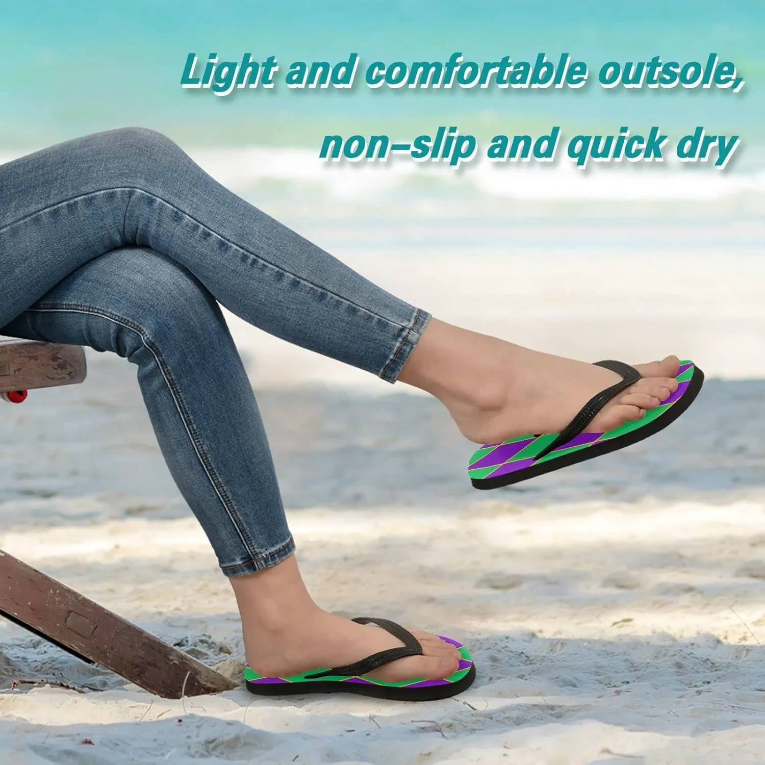 Mardi Gras Diamonds Green Violet Womens Flip Flops Carnival Festival Pattern Summer Beach Sandals Casual Thong Slippers Comfortable Shower Slippers Non Slip Water Sandals shoes S