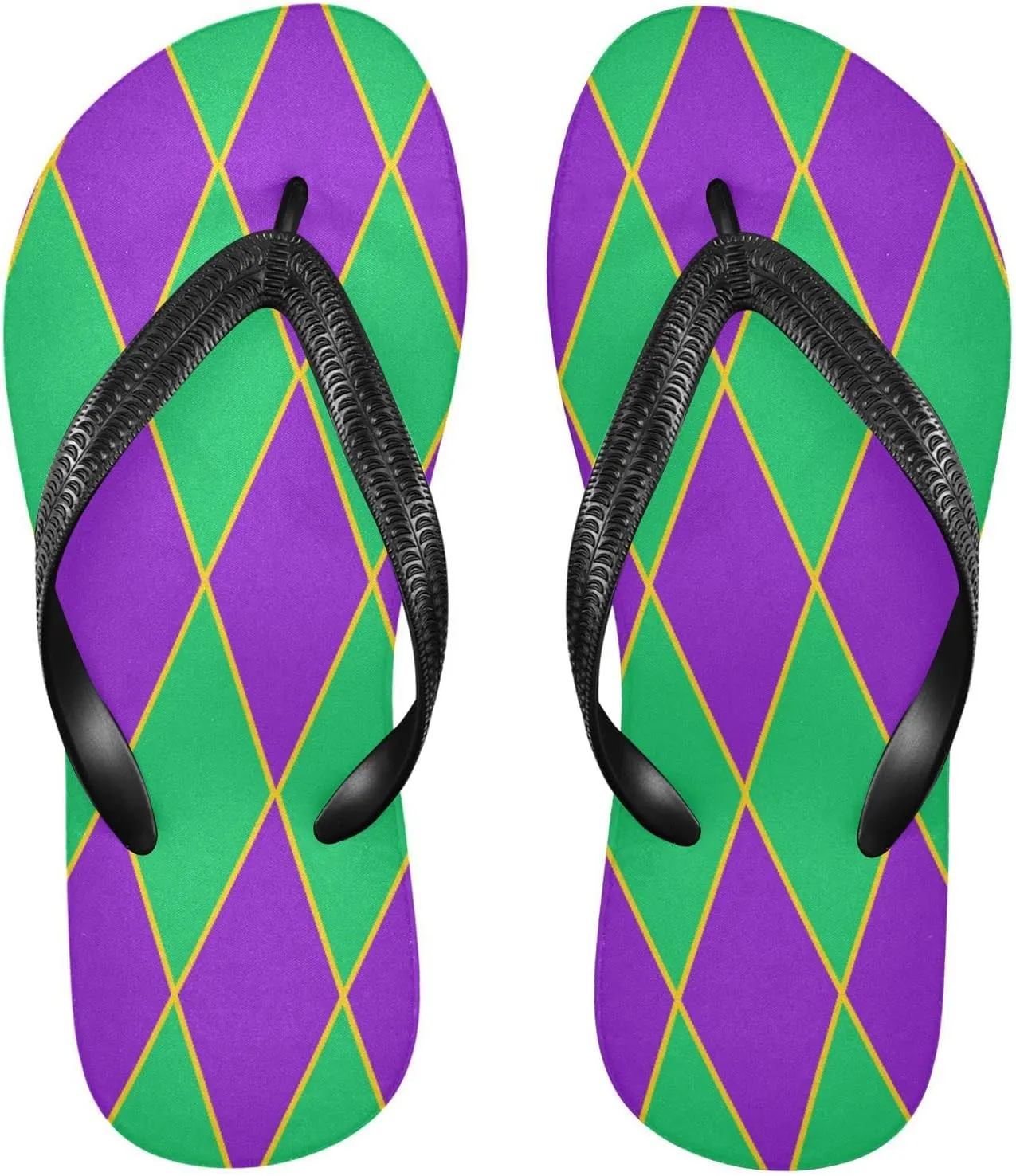 Mardi Gras Diamonds Green Violet Womens Flip Flops Carnival Festival Pattern Summer Beach Sandals Casual Thong Slippers Comfortable Shower Slippers Non Slip Water Sandals shoes S