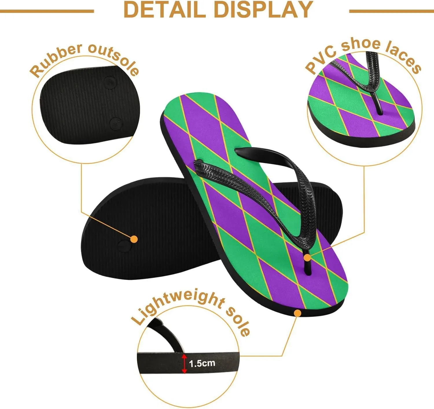 Mardi Gras Diamonds Green Violet Womens Flip Flops Carnival Festival Pattern Summer Beach Sandals Casual Thong Slippers Comfortable Shower Slippers Non Slip Water Sandals shoes S