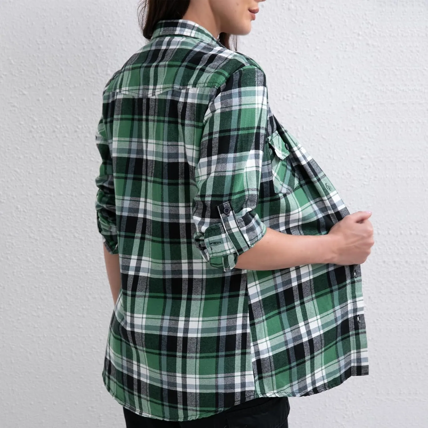 Match Womens Button Down Flannel Plaid Shirts roll up Long Sleeve Shackets Business Blouse Top
